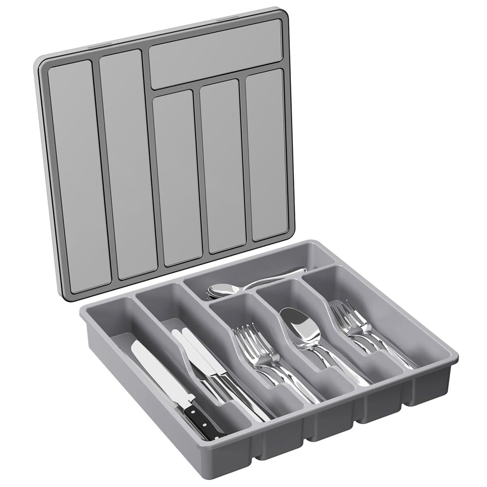 Rheross Gray Silverware Organizer With Lid,Covered Utensil Tray For Kitchen Drawer And Countertop, Plastic Cutlery And Flatware