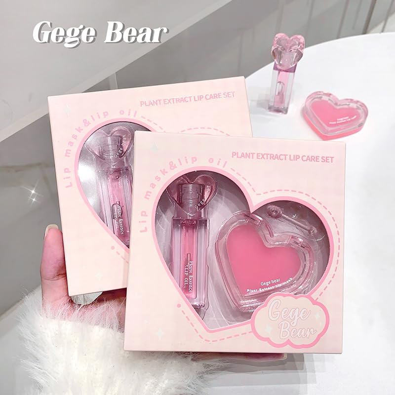 Gege Bear Plant Extract Lip Oil & Mask Duo – 24H Hydration & Shine | Natural Lip Care for Dry, Chapped Lips | Lightweight, Non-Greasy Formula | Rosa Canina Fruit Oil for Fuller, Smoother Lips for Women 1