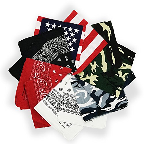 allgala Bandanas 12 Pack 100% Cotton Men's Novelty Cowboy Bandanas Handkerchiefs-6 Popular Design Assorted-(White Black Red Paisley Design and Army and Grey Camouflage US Flags)