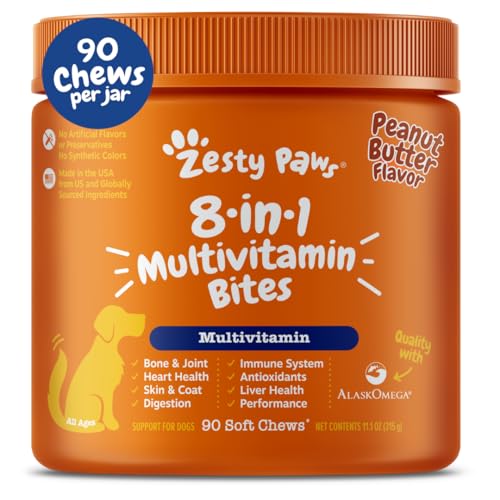 Zesty Paws Multivitamin Treats for Dogs, Glucosamine Chondroitin Joint Support + Digestive Enzymes & Probiotics, Grain Free Dog Vitamins and Supplements for Skin & Coat, Peanut Butter – 90ct