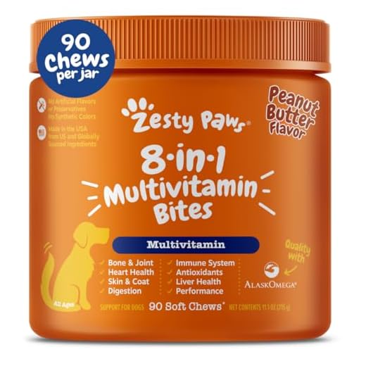 Zesty Paws Multivitamin Treats for Dogs - Glucosamine Chondroitin for Joint Support + Digestive Enzymes & Probiotics - Grain Free Vitamin for Skin & Coat + Immune Health - Peanut Butter Flavor - 90ct