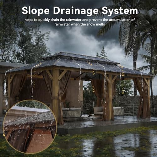 Image of Aoxun 12' x 20' Outdoor Wood Gazebo with Double Polycarbonate Top, Hardtop Gazebo Permanent Wooden Pavilion with Breathable Netting and Privacy Curtain for Patio, Garden, Deck, Cedar Wood, Natural