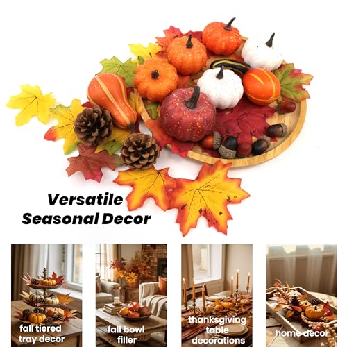 Image of 36PCS Mini Artificial Pumpkins Fall Decor Set - Realistic Small Fake Pumpkins for Decorating with Gourd Fall Leaves Acorns Pinecones for Autumn Table Centerpiece, Thanksgiving Harvest Home Decorations
