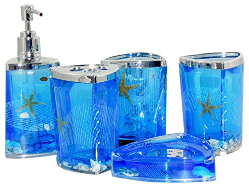 Tropical Blue Ocean Sea Shell and Starfish Bathroom Vanity Accessory Set