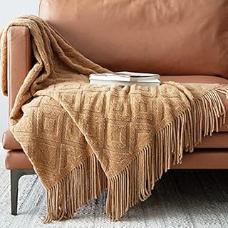 LumiSyne Knitted Throw Blanket Fringes Tassels Solid Color Jacquard Diamond Pattern Lightweight Soft Throws Armchair Cover Decorative Blanket For Couch Sofa Bed Settee 230x130cm