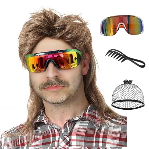 Image of 80s Mullet Wig for Men - Retro 70s 80s Disco Rocker Curly Punk Fancy Dress Halloween Cosplay Costume Wig (Light Brown)