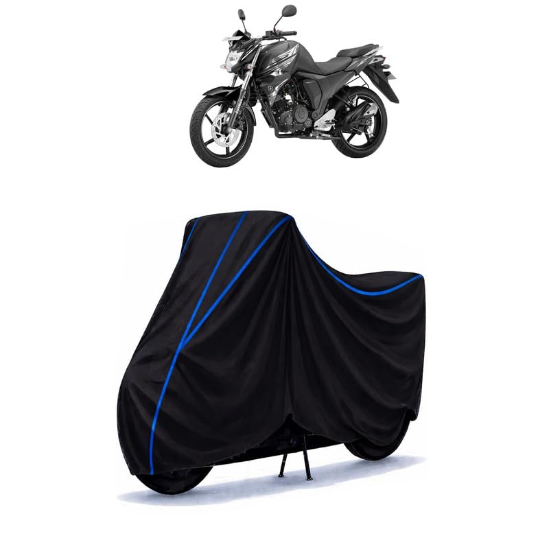 Image of FZ X Bike Cover Water Resistant Universal Motorcycle Rain | Heavy Duty UV Protection, Dust, Scratch Indoor Outdoor All Weather with Black Blue Piping Elastic