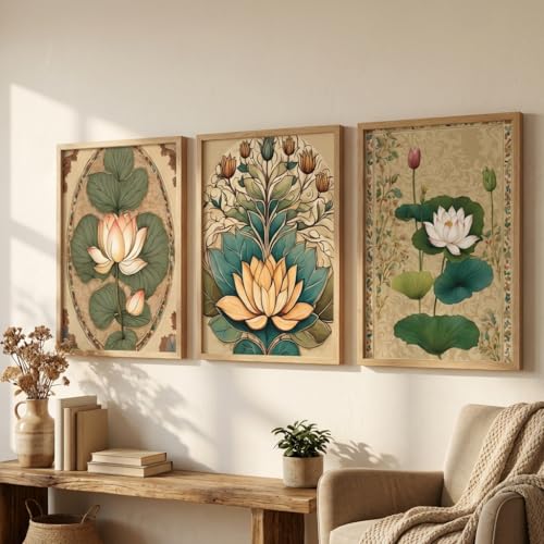 Image of Livin'luxe Set of 3 Lotus Floral Wall Paintings for Living Room Bedroom Home Decor with Premium Wooden Color Synthetic Frame, Traditional Botanical Art (13.5 x 19.5 Inch) NM03-57
