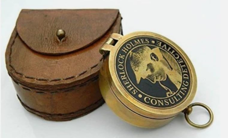 Brújula de bolsillo de latón Sherlock Holmes con funda de cuero – Coleccionable de detective consultor miniatura 6