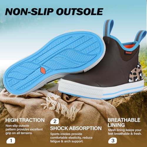 Showave Women's 6 Inch Ankle Deck Boots Waterproof Rain Footwear Rubber Mud Boots for Fishing Gardening Farming3