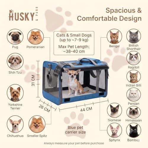 Image of Husky & Purr Pet Carrier for Cats & Small Dogs | Airline Approved Soft-Sided Cat Bag Carrier | Cat Carrier & Dog Carrying Bag with Privacy Curtain, Safety Leash & Storage Pocket | Up to 9kgs