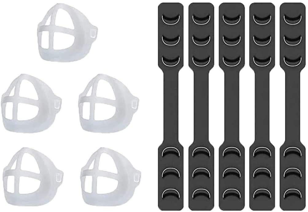 5pcs Enhance Breathing Space Face Protective Brackets Set with 5pcs Face Coverings Extender Ear Savers, Silicone Breathable Lipstick Protection, Face_mask Reusable Inner Frame, White