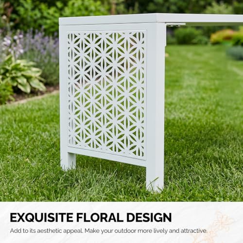 Image of VINGLI 40in Outdoor Metal Bench, All-Weathe Backless Patio Bench with Slatted Seat＆Floral Side Panels, Rust-Resistant Garden Bench, Weatherproof Outdoor Seating for Porch Entryway Backyard (White)