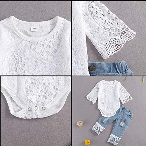 I3CKIZCE 2 stuks babymeisjesoutfitset met lange mouwen wit kant fee rompers top + lange mouwen elastische denim jeans… - Image 5
