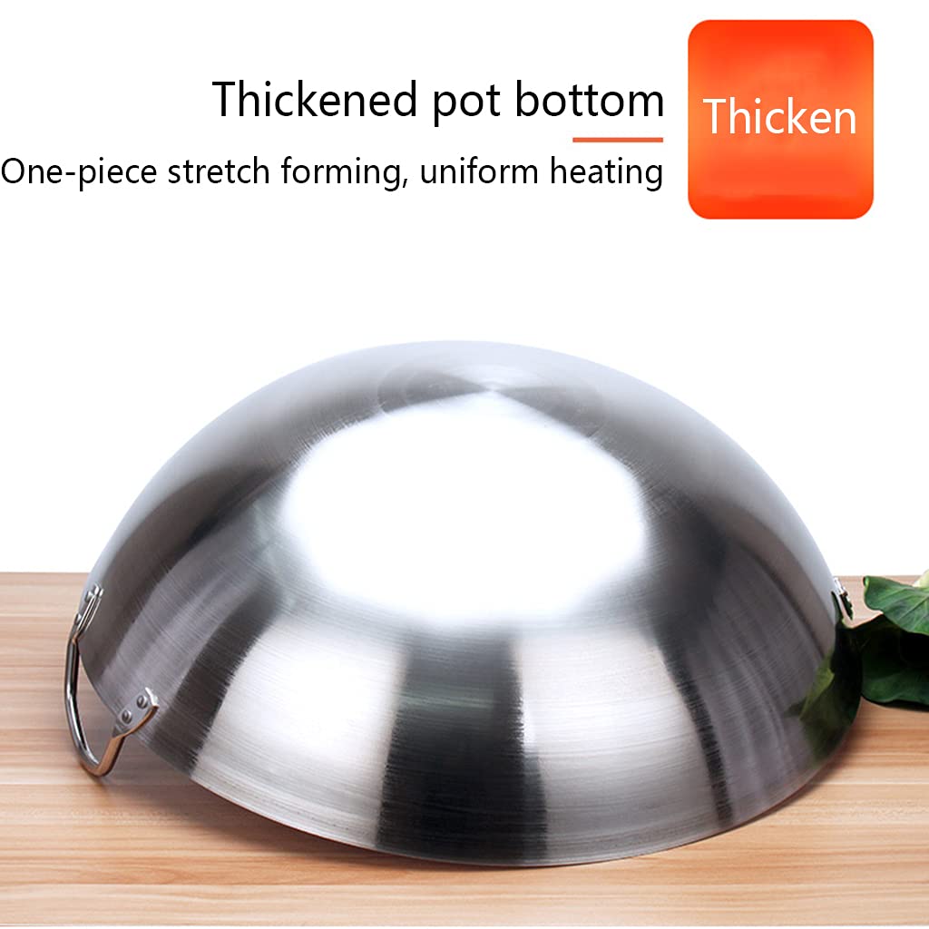 Wok Professionale in Acciaio Inossidabile Spesse Extra con Copertura Piana 50-70cm commestibile Non Magnetico Fondo Tondo pentola Senza Fumo Adatto per Mensa,Ristorante,Cucina