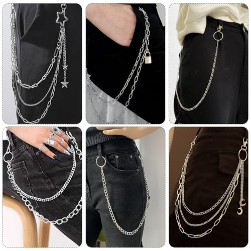 GothicBride Hosenkette Set 6 Stück Gürtelkette Gothic Punk Schlüsselkette Hose Kette Doppelschicht Waistband Hip Hop Jeanskette Accessoires für Damen Männer (Einfach)
