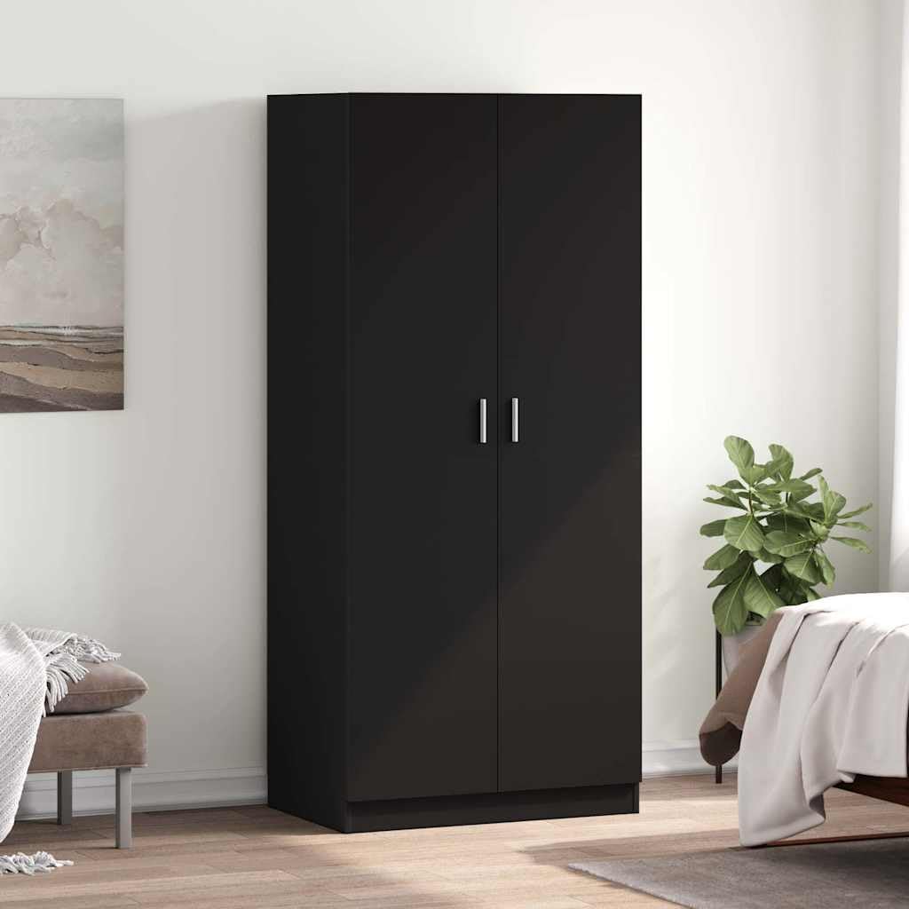 Armario negro 80 x 52 x 180 cm, material de madera con gran compartimento y barra colgante para guardar la ropa
