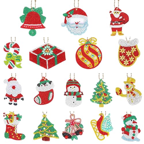 MLPKOI 17 Pieces Diamond Painting Christmas Keychain Xmas Santa Claus Snowman Drill Pendant Christmas Crafts Keychain Kit for DIY Key Ring Phone Charm Decor