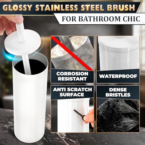 Image of Stainless Steel Toilet Brush and Holder Set White - Long Handle Toilet Bowl Cleaner Brush and Holder - Removable Inner Liner, Shiny Design, Splash Protection & Dense Bristles for Bathroom Cleaning