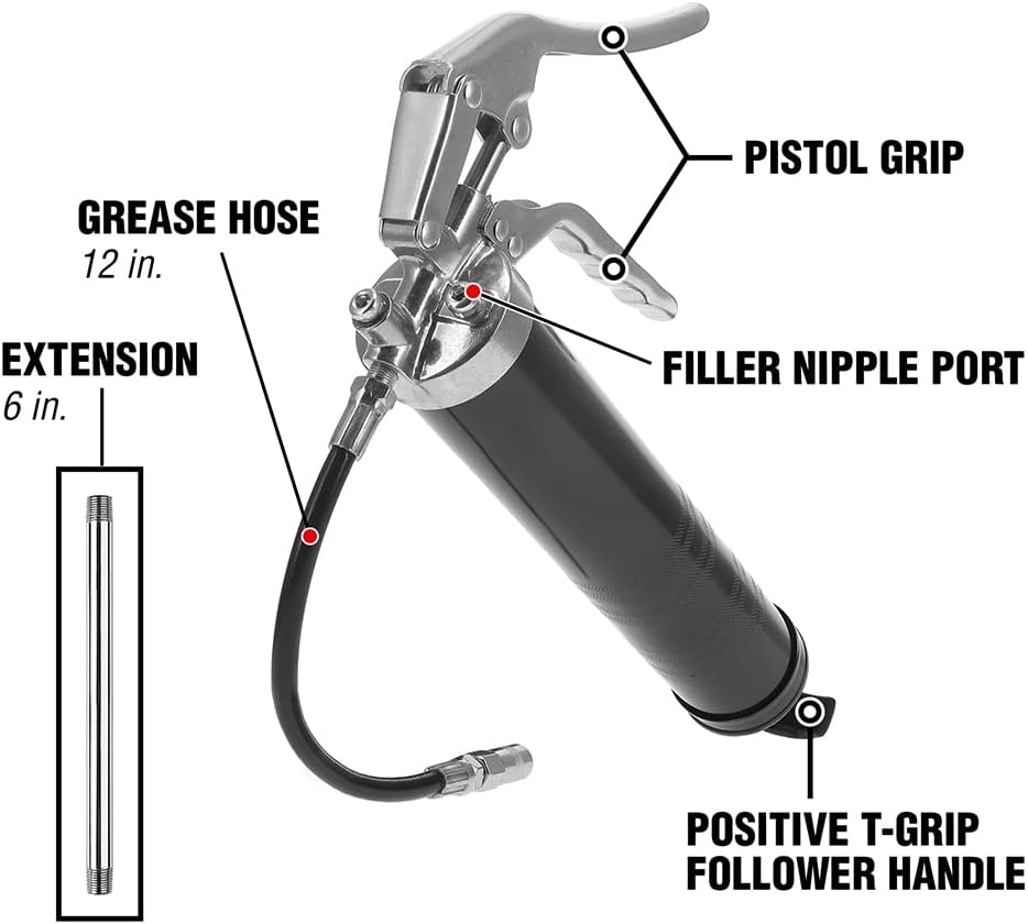 Workforce Pistol Grip Grease Gun, 12 in. Flexible Extension - L1325