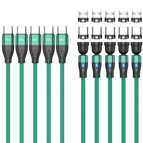 Junichi Cable de carga magnético USB C a USB C/Micro USB (5 unidades, 0,5 m + 1 m + 1 m + 2 m + 2 m) PD 60 W carga rápida 540 ° rotación 2 en 1 magnético USB cable USB para Android Micro USB tipo C