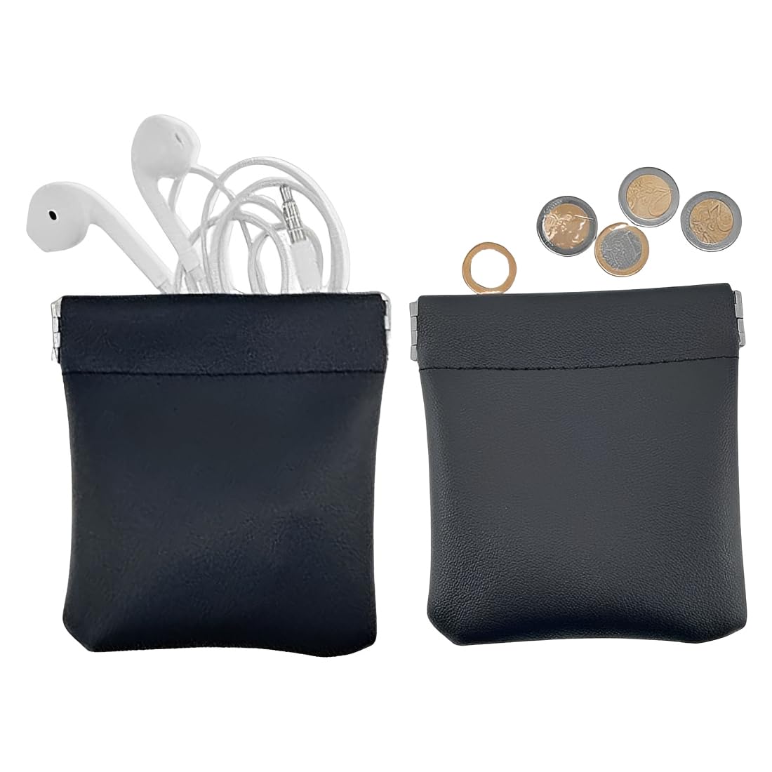 2pcs Bolsa De Almacenamiento Des Cierres Automático,Monedero Pequeño Des Piel Apretada Minimalista Negro,Para Hombre y Mujer,Fácil Almacenamiento Guardar Tarjetas,Cables De Datos y Joyas