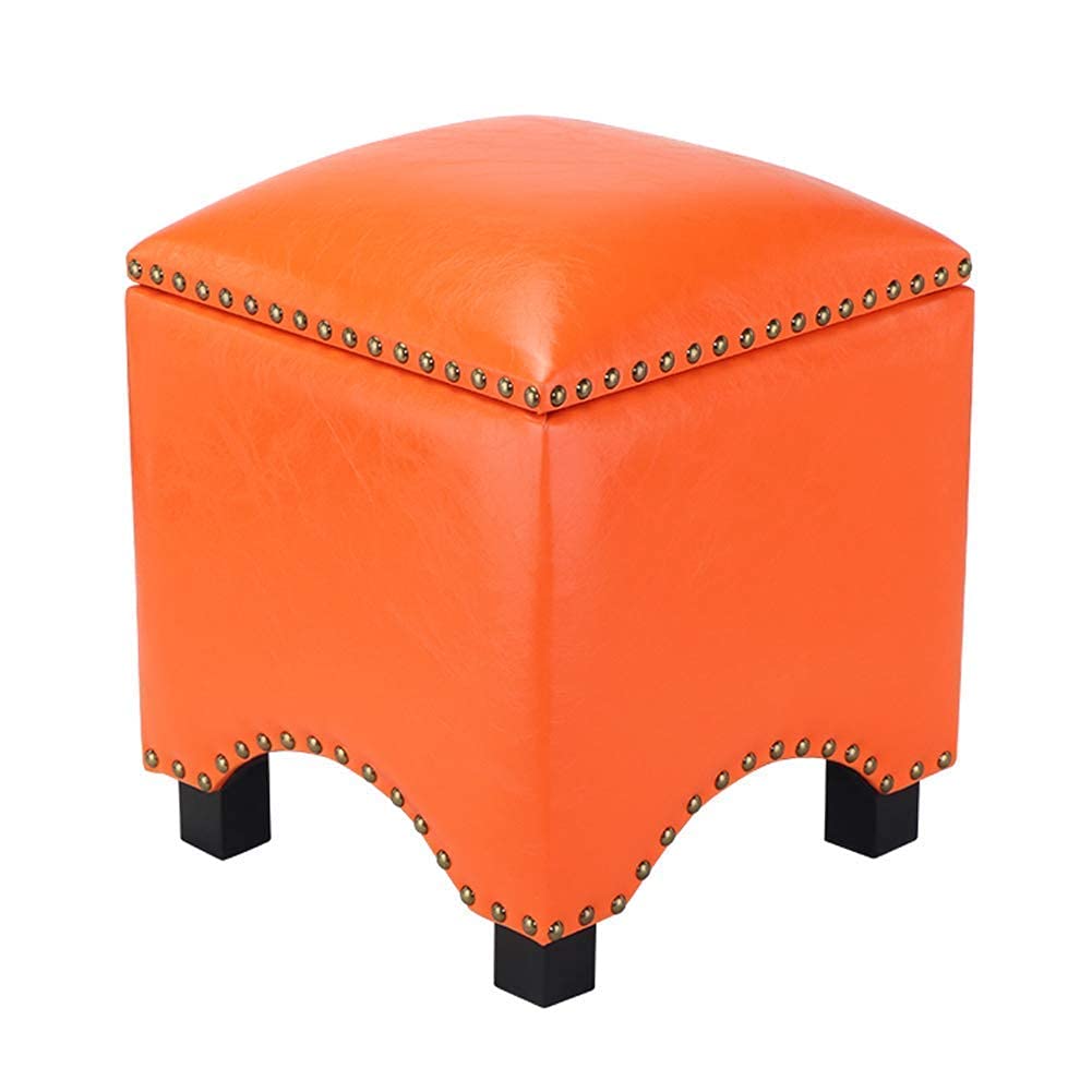 Pouf de rangement orange repose-pieds similicuir coffre salon chambre bois