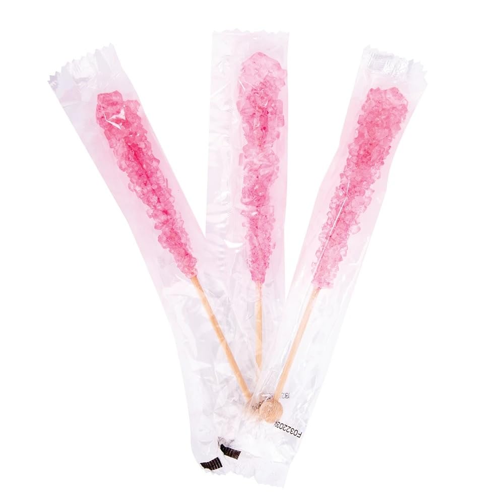Bayside Candy Rock Candy Wrapped Sticks – Assorted and Individual Flavors – Old-Fashioned Sugar Crystal on a Stick (12ct, Pink – Strawberry)