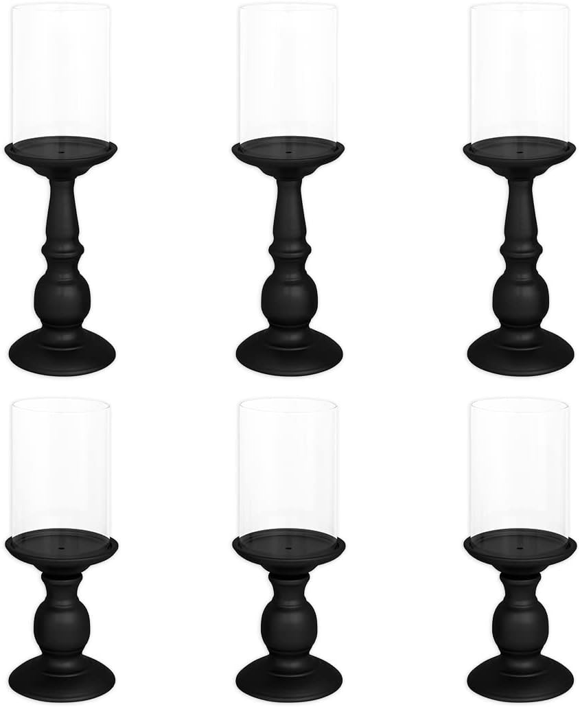 Koyal Wholesale Matte Black Metal Pillar Candle Holders | Rustic Candle Holder, Glass Hurricane Candleholders Included, Set of 6 Hurricane Glass Candle Pillar Black Wedding Centerpiece Home Decor
