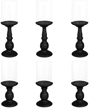 Koyal Wholesale Matte Black Metal Pillar Candle Holders | Rustic Candle Holder, Glass Hurricane Candleholders Included, Set of 6 Hurricane Glass Candle Pillar Black Wedding Centerpiece Home Decor