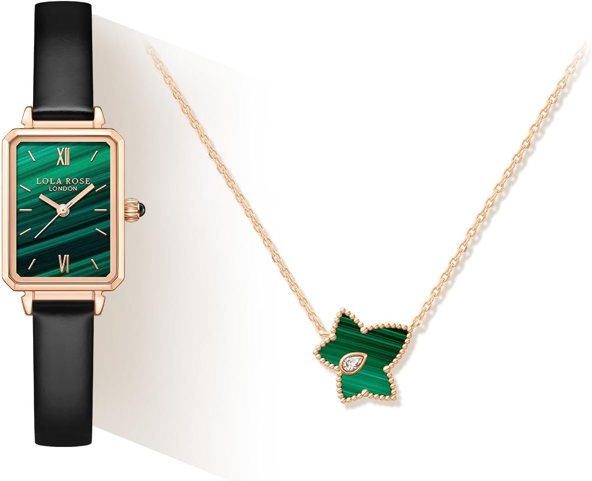 Dainty Women's Wrist Watch with Exquisite Malachite Bead Necklace