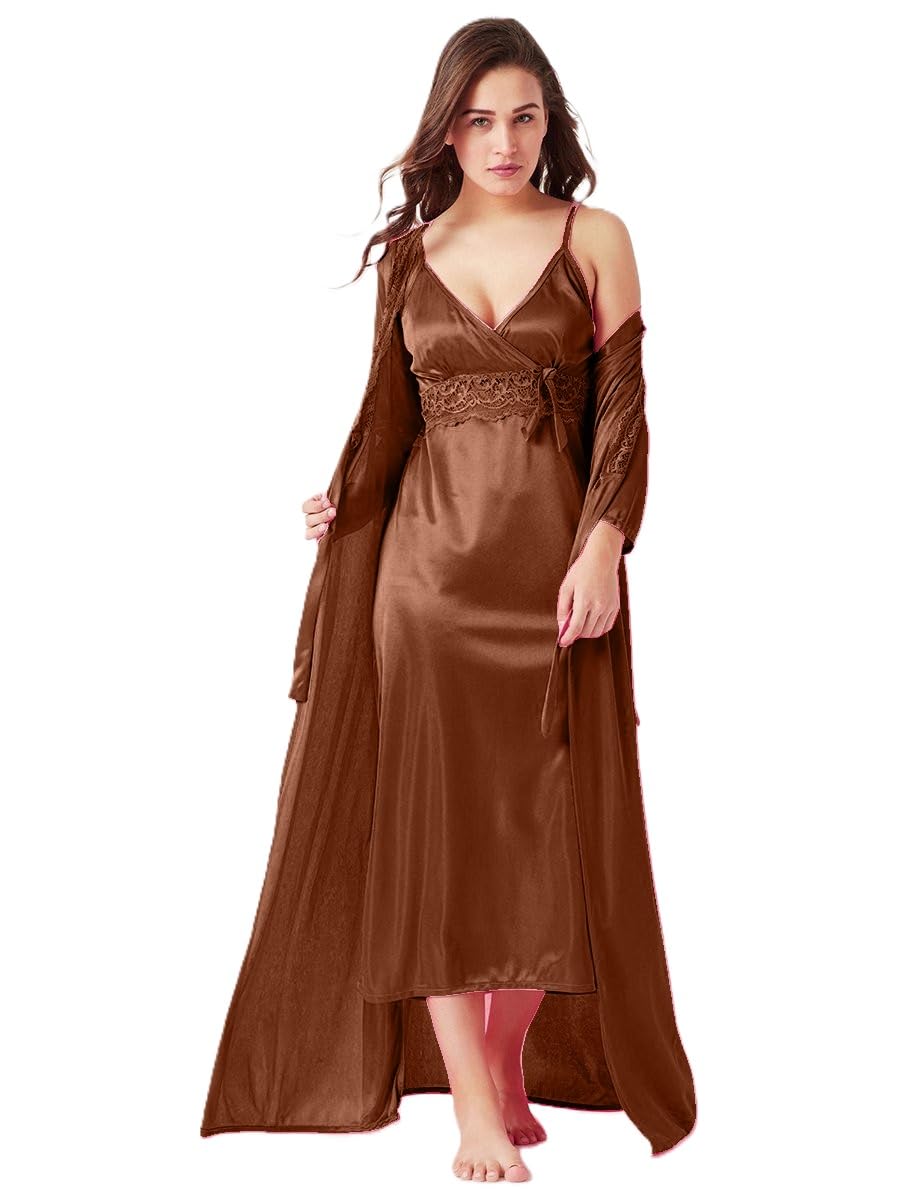 Women's Satin Nightgown and Robe Set, Long Length with Lace Detail, Pink