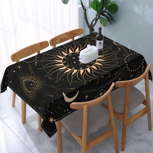 Cafl Boho Zodiac Symbols Table Cloth Tarot Black Gold Tablecloths Wrinkle Free for Picnic Kitchen Holiday Dining Room Rectangle Polyester Washable(54 x 72 Inch)