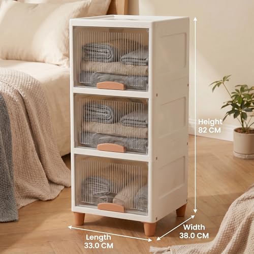 Image of Ash & Roh 3-Tier White Multi-Layer Plastic Storage Cabinet with Transparent Flip Door | Space Saving Organizer for Kitchen, Bedroom, Office | Foldable Stackable Storage Unit with Legs