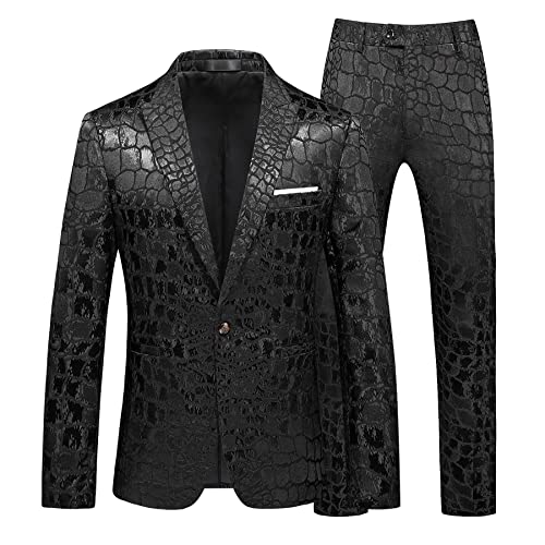 MOGU Mens 2 Piece Double Breasted Suit Jacquard Slim Fit Formal Groomsmen Wedding Party Black Tuxedo