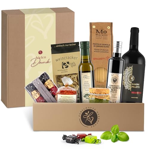 Danke-Geschenkkorb Bella Italia gefüllt mit Rotwein und italienischer Feinkost - Präsentkorb mit Olivenöl, Aceto Balsamico, Pasta, Pesto, Tartufini | für Männer & Frauen | mit 'vielen Dank' Banderole