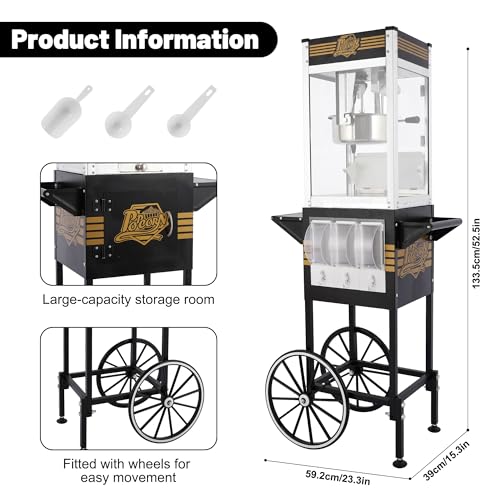 Image of 12 Oz Popcorn Machine Cart with Candy Dispenser (Black) - Large Vintage Popcorn Maker - 3 Easy Switches popper with Storage 4 Spoons for Commercial Home Movie Nights Party Events