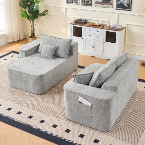 Canapé d'angle en forme de L avec méridienne - Sans montage - Assise basse XXL - Canapé modulaire - Boneless Cloud Couch en chenille - 262 cm - Gris