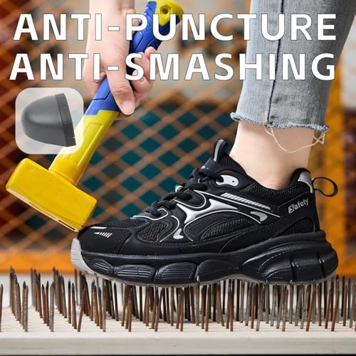 Image of Ruivina Steel Toe Shoes for Women Safety Shoes Wide fit Indestructible Work Sneakers Men Lightweight Slip on Resistant Breathable Puncture Proof Composite Toe Shoe Black White