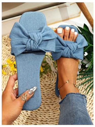 GORGLITTER Women's Bow Denim Flat Sandals 2025 Jean Square Open Toe Slide Shoes2