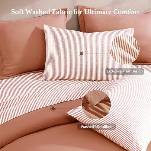 Image of Monbix Full Size Comforter Sets-7 Pieces Soft Bed in a Bag Full Bedding Set | All SeasonAutumn Leaf Prewashed Comforter Bed Set with Striped Sheets, Pillowcases & Shams