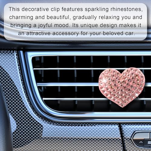 EKUWU Bling Heart Rhinestone Air Vent Clips, 6 PCS Sparkling Crystal Heart Vent Clips Car Accessories Interior, Car Decorations for Women Girls Auto SUV (Pink)