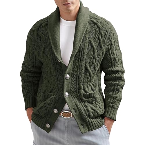 Men's Long Sleeve Cable Knit Solid Sweater Cardigan Shawl Collar Slim Sweater Button Down Fall Winter Sweaters