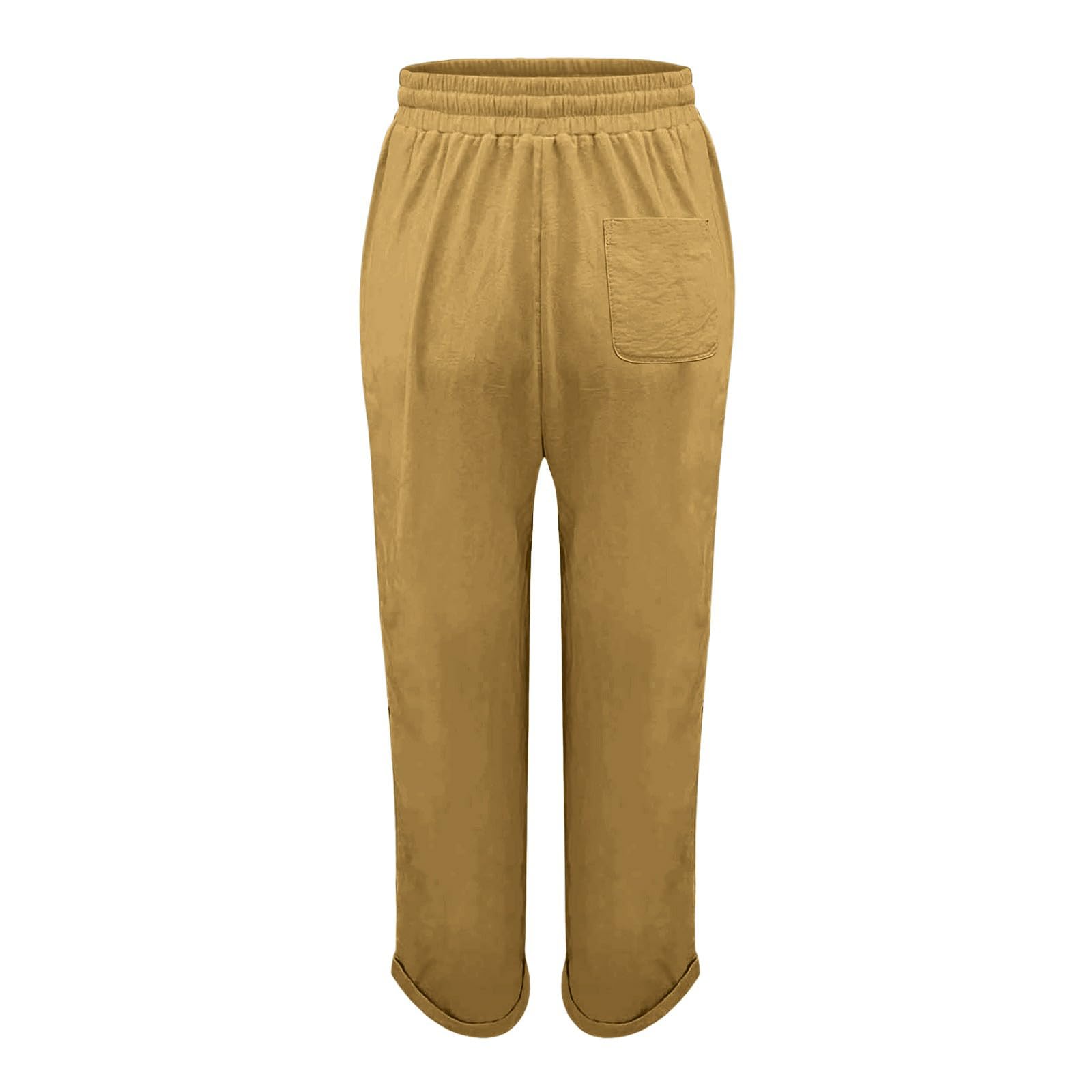 Sommer Leinenhose Damen Hohe Taille Kniehoch Musselin Hose Locker Stoffhose Leinenmisch Zugbund GesäßTaschen Einfarbige Freizeithose Für Camping EinkäUfe Und TäGliche Unternehmungen