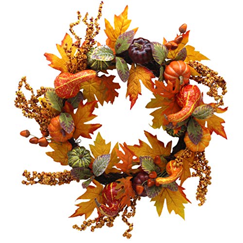Cvhomedecoprimitiverustic22inchartificialpumpkinswreathwithfallmapleleavesandberryharvestfestivalwreathforfrontdoorandhomedecor  Urban Country Home Decor Cvhomedeco primitive rustic 22 inch artificial pumpkins wreath with fall maple leaves and berry harvest festival wreath for front door and home decor  urban country home decor