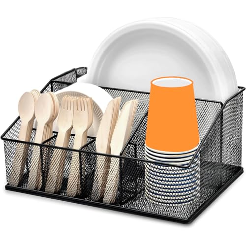 Metal Paper Plate Organizer with PVC Mat- Utensil Caddy with 6 Compartments-Paper Plate Dispenser for Party, Camping, Picnic and Kitchen