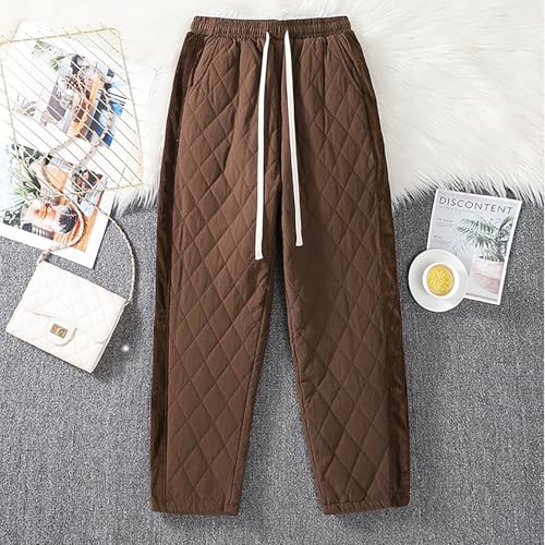 Womens Winter Warm Pants Casual Lightweight Quilted Thermal Trousers Drawstring Elastic Waist Outdoor Baggy Sweatpants Brown