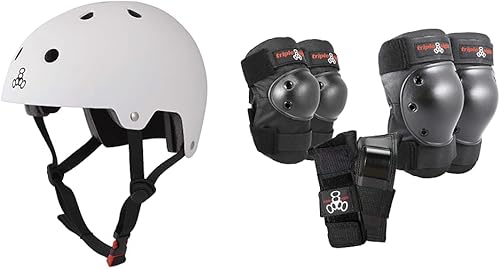 Triple Eight Casco de bicicleta y monopatín con doble certificación, blanco mate, tamaño mediano y serie Triple Eight Saver con protectores de