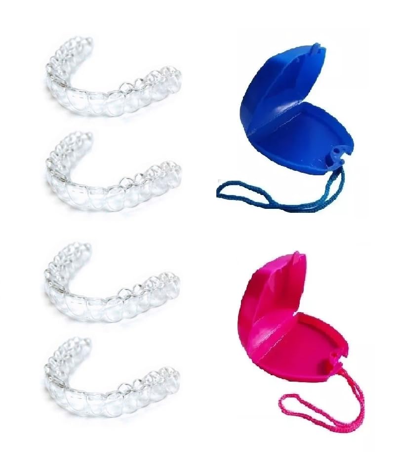 Kit Casal 04 Placas para Bruxismo Moldeira Silicone Moldável + 02 Porta Estojo Azul e Roxo