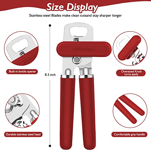 Mebotem 10 Colors, Manual Handheld Heavy Duty Hand can Opener Smooth Edge Stainless Steel, Top Lid Kitchen Gadgets, Best Large Rated Easy Turn Knob, with Bottle Opener, Red